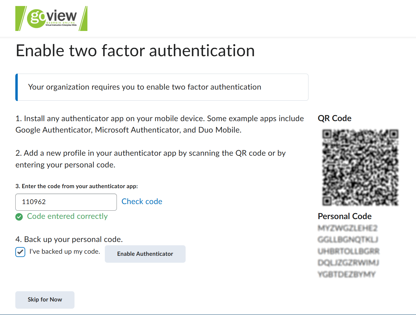 Image of enableing two factor authentication.