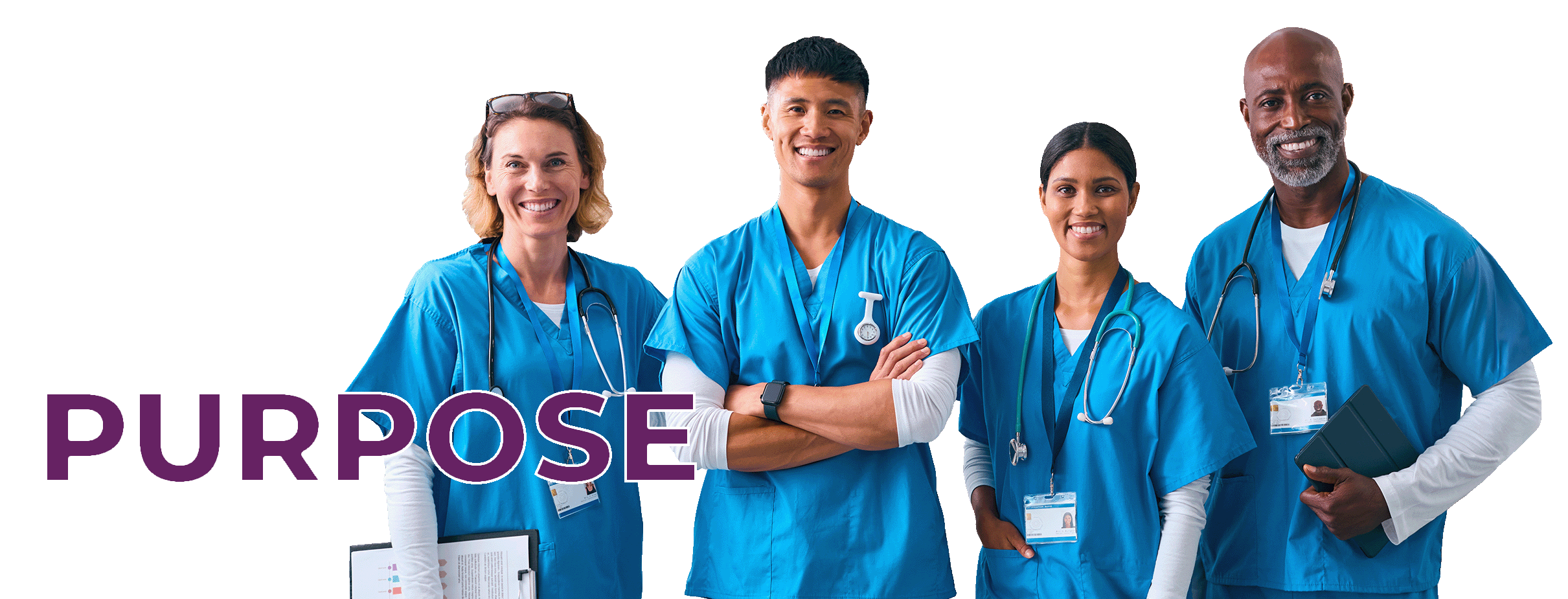 Four diverse healthcare professionals in blue scrubs standing together, smiling confidently under the bold text 'Empower Your Purpose.