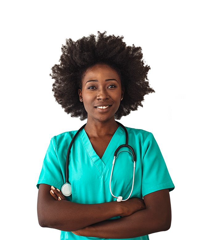 Female nurse smiling while standing with her arms crossed