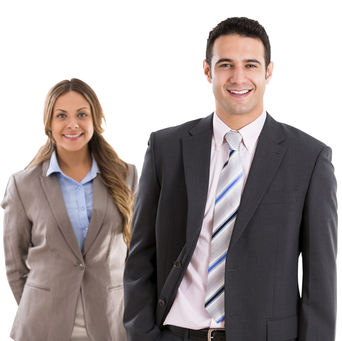 male and female in business attire smiling