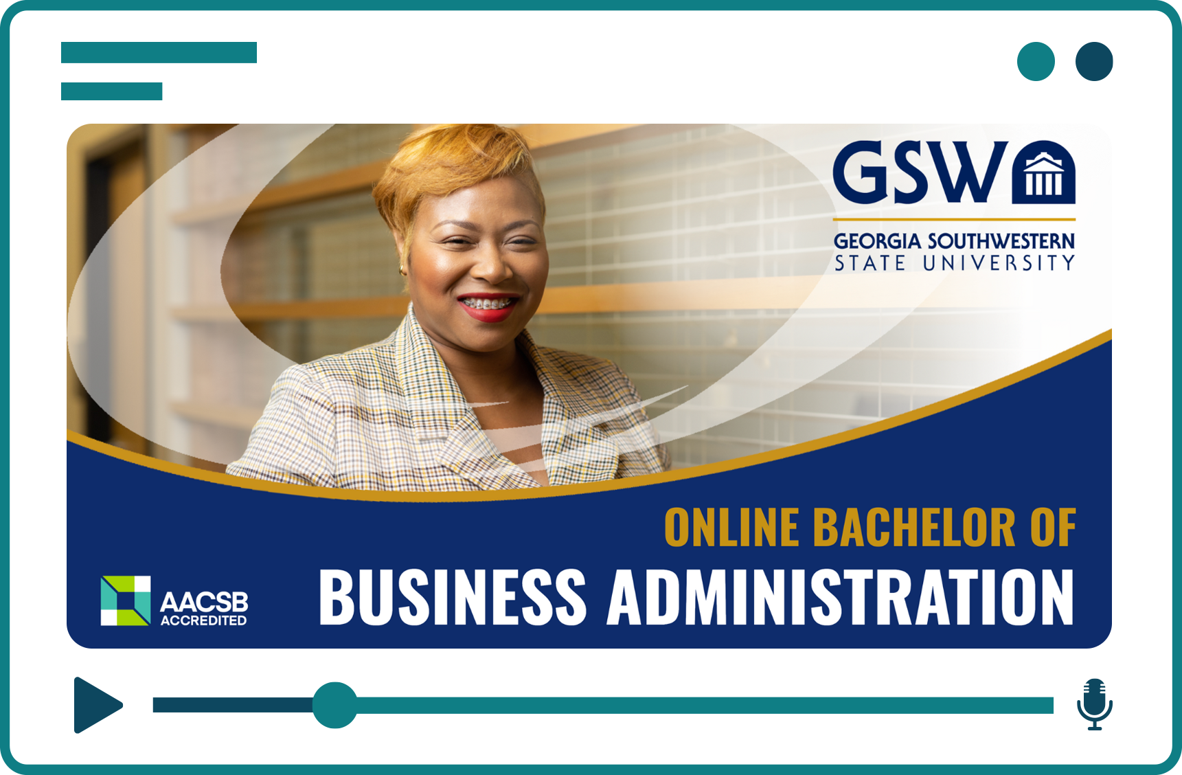 Georgia Southwestern State University ad for an online BBA program, showing a smiling woman, university logos, and an AACSB accreditation notice on a blue and gold design.